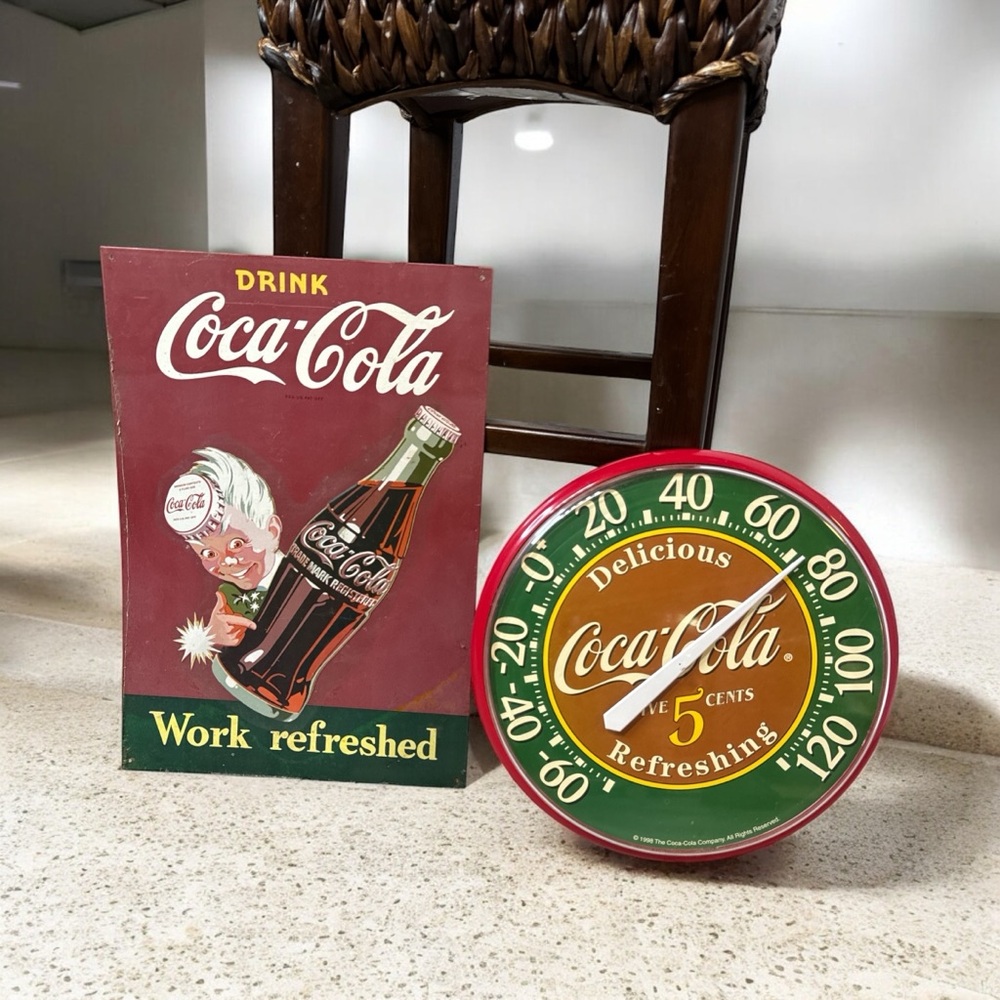 Coca Cola Brand Thermometer -1998 & Tin Sign “Work Refreshed” 2 Piece Collection
